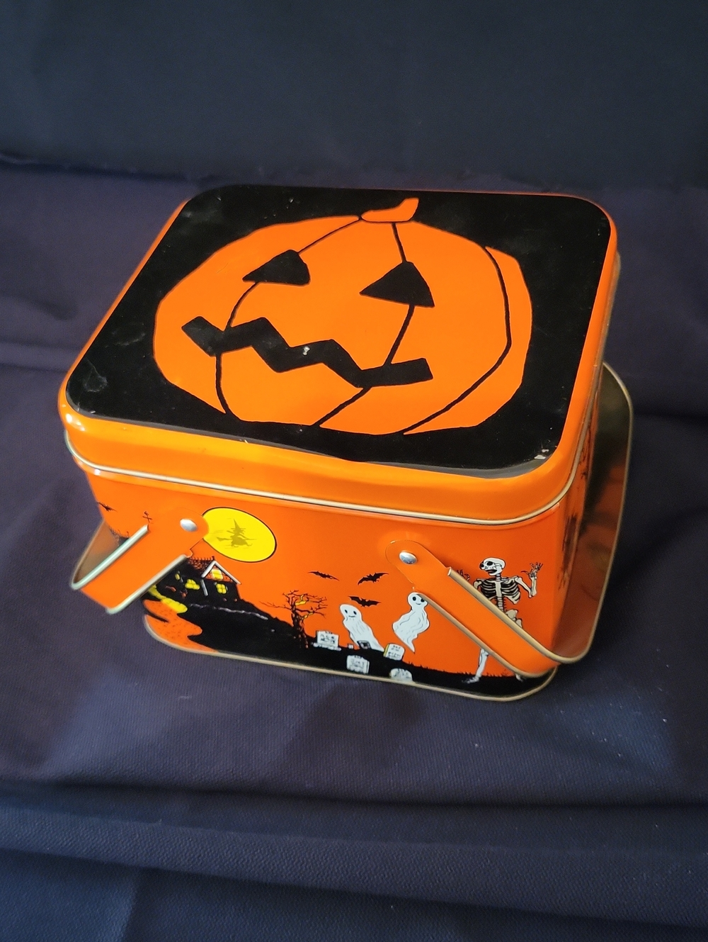 Vintage 1980's Halloween Litho Tin Treat Tin - Haunted House Theme